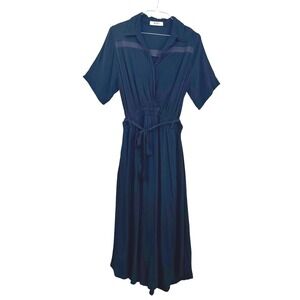AURA Black Midi Dress‎ Short Sleeve Collared Lace Accents Belted Career Casual L